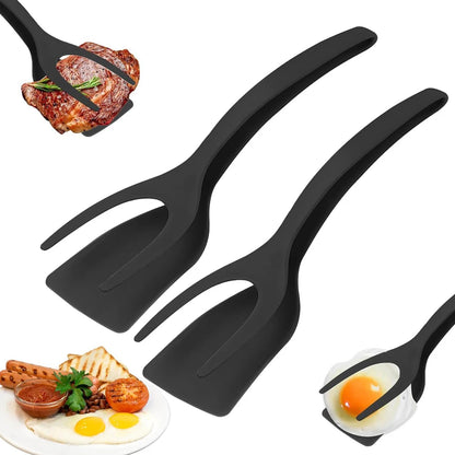 2 in 1 Spatula Tongs Kitchen Turner Non Stick Egg Pancake Fish Flipper