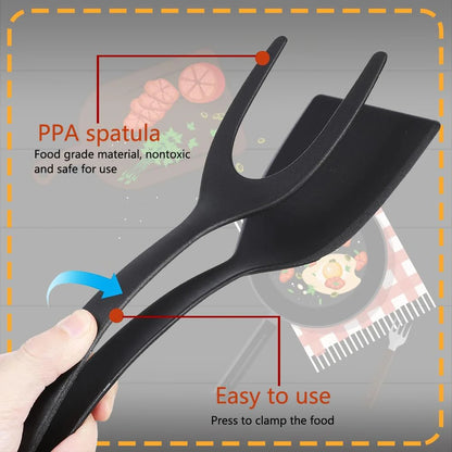 2 in 1 Spatula Tongs Kitchen Turner Non Stick Egg Pancake Fish Flipper