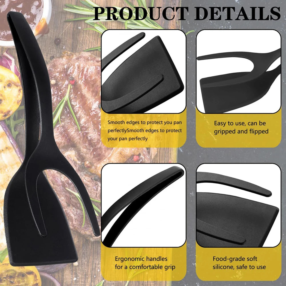 2 in 1 Spatula Tongs Kitchen Turner Non Stick Egg Pancake Fish Flipper