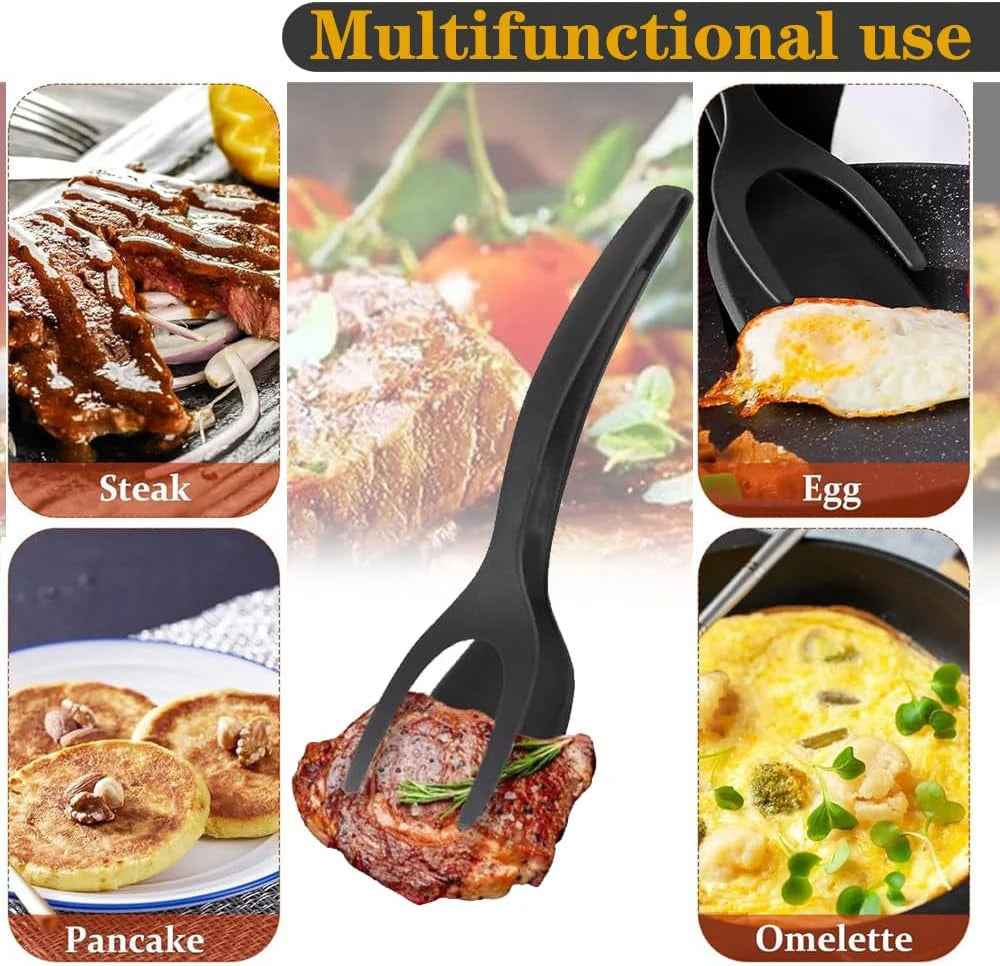 2 in 1 Spatula Tongs Kitchen Turner Non Stick Egg Pancake Fish Flipper